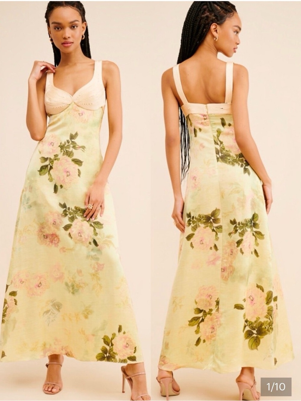 Anthropologie Pale Yellow Floral Maxi Dress with Pink Roses and Green Leaves